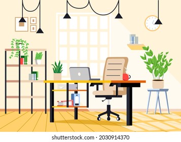Workplace at home with office desk, chair, computer and plants. Work cabinet design. Empty office workspace room interior. Cartoon vector interior illustration.