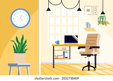 Workplace at home with office desk, chair, computer and plants. Work cabinet design. Empty office workspace room interior. Cartoon vector interior illustration.