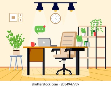 Workplace at home with office desk, chair, computer and plants. Work cabinet design. Empty office workspace room interior. Cartoon vector interior illustration.