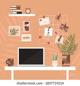 Workplace at Home. Home office interior. Workspace. Interior in Scandinavian style. Remote work. Contemporary interior design. Stylish room in beige tones: table, laptop, flowers, coffee cup, photo bo