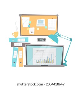 Workplace, home or office.  Laptop, folders, whiteboard, clock and lamp.  Everything is ready to go.  Flat cartoon vector style.