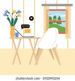 Workplace in the home. Table, laptop with internet, armchair, plants, window. Vector flat cartoon graphic illustration