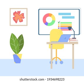 Workplace in the home. Table, laptop with internet, armchair, plants. Vector flat cartoon graphic illustration