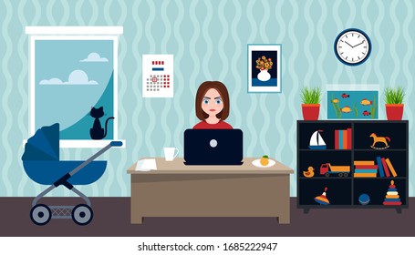 workplace at home. vector illustration. woman who has a child works at home for a computer. remote work.