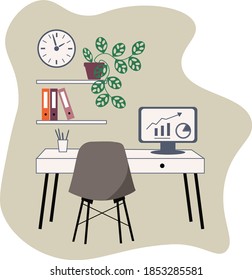 Lugar de trabajo en casa. Mesa de trabajo, silla de oficina, estanterías