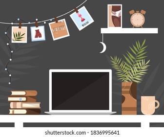 Workplace in home. Workspace. Remote work from home. Loft interior. Cozy room. Table with a laptop, books, flowers. Vector stock illustration.