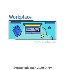 Der Arbeitsplatz befindet sich in der horizontalen Ebene. Stilvolle Abbildung des Arbeitsplatzes in hellen Farben. Vektorgrafik