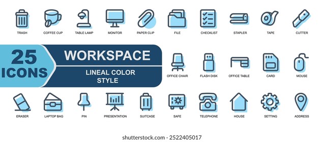 workplace icon collection.lineal color style.modern icon.contains data,card,mouse,eraser,laptop bag,office bag,pin,push pin,presentation,report,suitcase.
