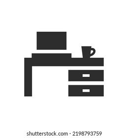 Workplace icon. Desk with a computer and a cup. Monochrome black and white symbol