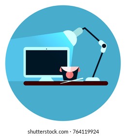 Workplace Icon Desktop Computer On Desk Web Button On Round Blue Background Flat Vector Illustration