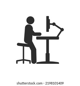 Workplace icon. Man at desk with height adjustment. Bracket for monitor. Monochrome black and white symbol