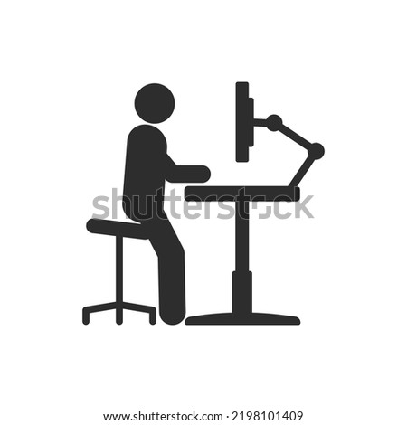 Workplace icon. Man at desk with height adjustment. Bracket for monitor. Monochrome black and white symbol