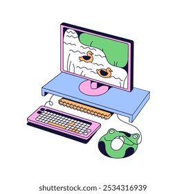 Workplace icon in neo brutalism style. Desktop computer with keyboard, mouse and pad. PC screen, monitor on desk. Organization of work place. Flat isolated vector illustration on white background