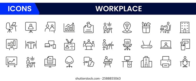 Workplace icon outline set. Containing job, working, employee, project, teamwork, employment, meeting, appointment, and more. Vector line icons collection.