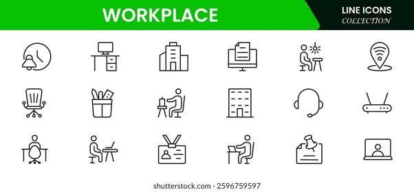 Workplace icon outline set. Containing job, working, employee, project, teamwork, employment, meeting, appointment, and more. Vector line icons collection.