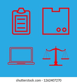 workplace icon set about balance, notepad, laptop and package vector set