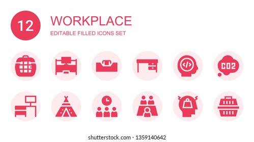 workplace icon set. Collection of 12 filled workplace icons included Carrier, Desk, Programmer, Tipi, Meeting, Stress, Co