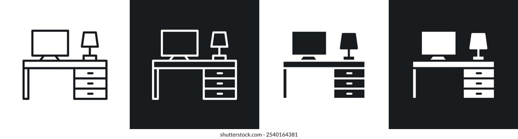 Conjunto de ícones do local de trabalho. Símbolos vetoriais em cores pretas e brancas.