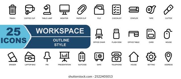 workplace icon set.outline style,line tbeal.contains trash,delete,coffee break,coffee cup,table lamp,monitor,desktop,paper clip,file,document,checklist,task.