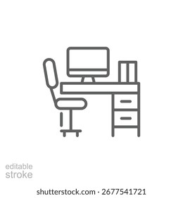 Workplace icon. Simple outline style. Office desk, home, furniture, work, computer, ergonomic chair, front, pc, interior, business concept. Thin line symbol. Isolated design editable stroke.