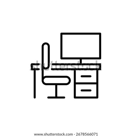 Workplace icon. Simple outline style. Office desk, home, furniture, work, computer, ergonomic chair, front, pc, interior, business concept. Thin line symbol. Isolated design.