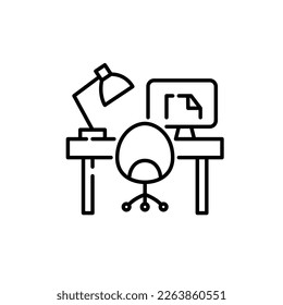 Workplace icon. Swivel chair, desk and pc monitor. Pixel perfect, editable stroke icon