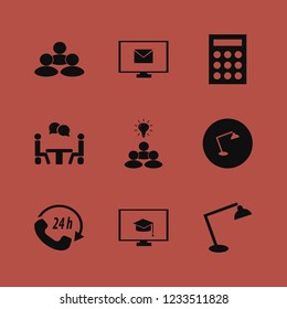 workplace icon. workplace vector icons set online education, talking people, call center and desk table lamp