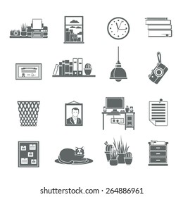 Workplace icons black set with fax bookshelf cactus clock isolated vector illustration