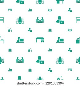workplace icons pattern seamless white background. Included editable filled meeting, office desk, man sleeping on table, man with laptop icons. workplace icons for web and mobile.