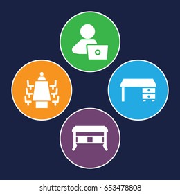 Workplace icons set. set of 4 workplace filled icons such as office desk, man with laptop