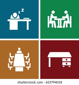 Workplace icons set. set of 4 workplace filled icons such as office desk, man sleeping on table