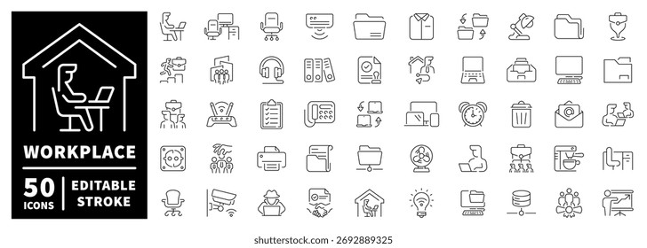 Conjunto de iconos del lugar de trabajo. iconos de línea editables, esquema, oficina, símbolos de negocios