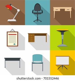 Workplace icons set. Flat set of 9 workplace vector icons for web with long shadow