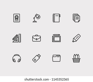 Workplace icons set. Headphone and workplace icons with case, flower pot and stationery. Set of doc for web app logo UI design.