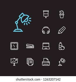 Workplace icons set. Laptop and workplace icons with stapler, window and presentation board. Set of time for web app logo UI design.