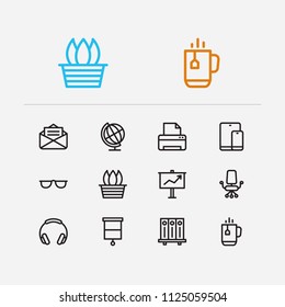 Workplace icons set. Library and workplace icons with headphone, glasses and presentation board. Set of fresh for web app logo UI design.