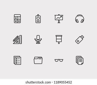 Workplace icons set. Presentation board and workplace icons with headphone, office chair and to-do list. Set of corporate for web app logo UI design.