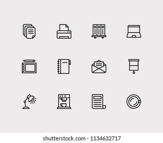 Workplace icons set. Printer and workplace icons with library, news and lamp. Set of glass for web app logo UI design.