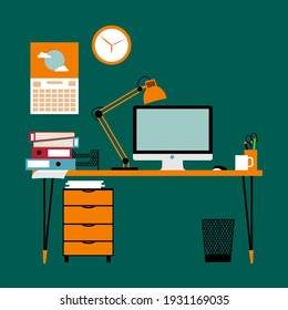 Workplace illustration with computer, desk, document, clock, calendar, coffee. Workplace home office concept. Vector illustration