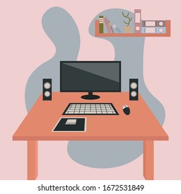 Workplace illustration. Computer on the desk,  notebook, pencil, plant,  bookshelf with books. Abstract background. 