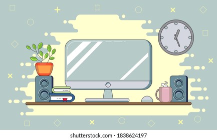 Workplace illustration - computer table, flower, mug, clock, books, audio speakers
