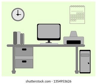 workplace illustration with computers, printers and books with flat design