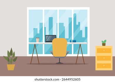 trabalho, casa, sala, cadeira, desenho animado, negócio, mesa, gráfico, lugar, vetor, design, plano, computador, interior, conceito, trabalho, fundo, freelance, móveis, espaço de trabalho, moderno, inter