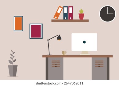 local de trabalho, casa, sala, cadeira, desenho animado, negócios, mesa, gráfico, vetor, design, plano, moderno, computador, interior, trabalho, móveis, laptop, escritório, espaço de trabalho, janela, estilo, interior, corp