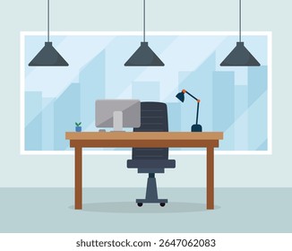 local de trabalho, casa, sala, cadeira, desenho animado, negócios, mesa, gráfico, vetor, design, plano, moderno, computador, interior, trabalho, móveis, laptop, escritório, espaço de trabalho, janela, estilo, interior, corp