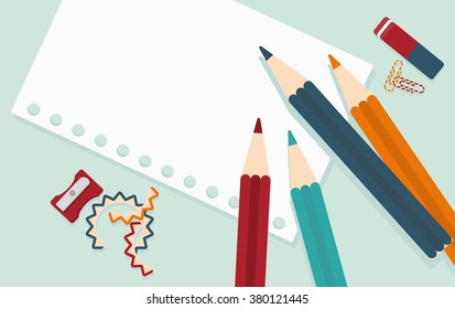Workplace Illustrator. Crayons, Paper, Pencil Sharpener And Eraser On The Table. Objects Isolated On A White Background. Flat Vector Illustration.