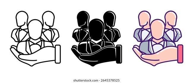 Workplace Inclusion icon represented by hand, employees Line, Filled, Color style.