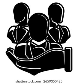 Workplace Inclusion icon represented by hand, employees Black Filled style.