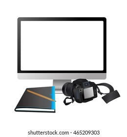 Workplace indoor. computer, notebook, pencil and camera isolate on white background, vector illustration.