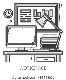 Workplace infographic metaphor with line icons. Workplace concept for website and infographics. Vector line art icon isolated on white background.